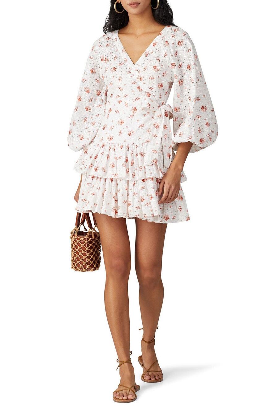 Maia Bergman Ines White Floral Print Eyelet Wrap Mini Dress Size S